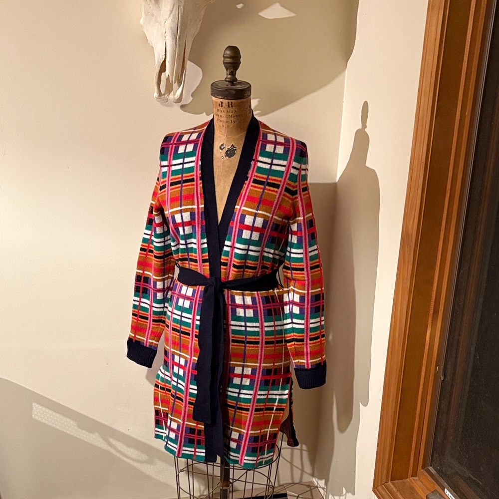 Moth Anthropologie Multicolor Plaid Cardigan with belt, size small